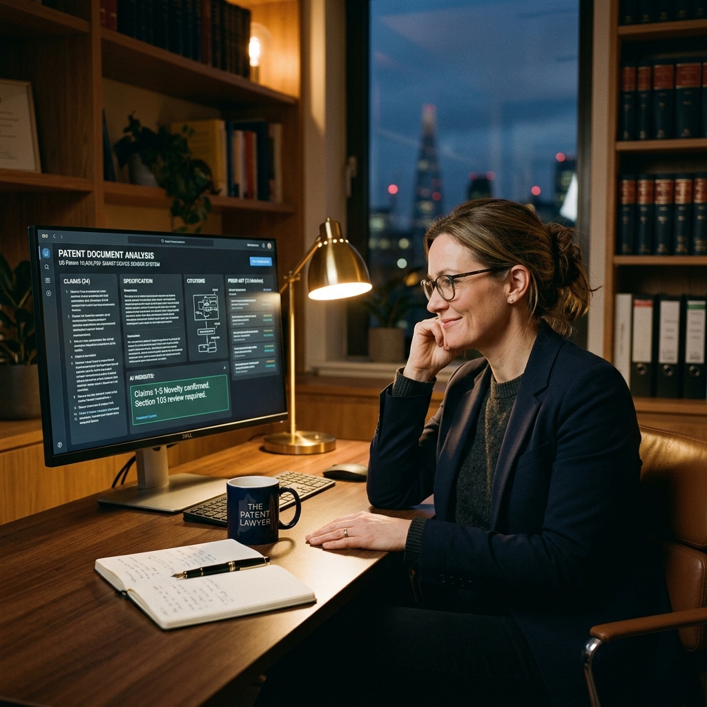 A patent attorney working late at a desk with a clean AI interface on a monitor showing patent analysis, relaxed and focused, the technology invisible, only the work visible