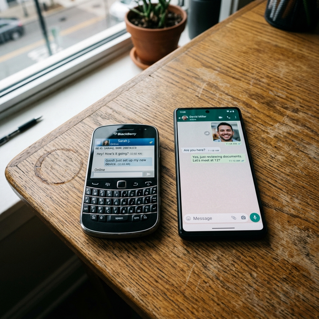 Two mobile phones side by side on a desk, one an old BlackBerry showing a BBM chat screen, the other a modern smartphone showing WhatsApp