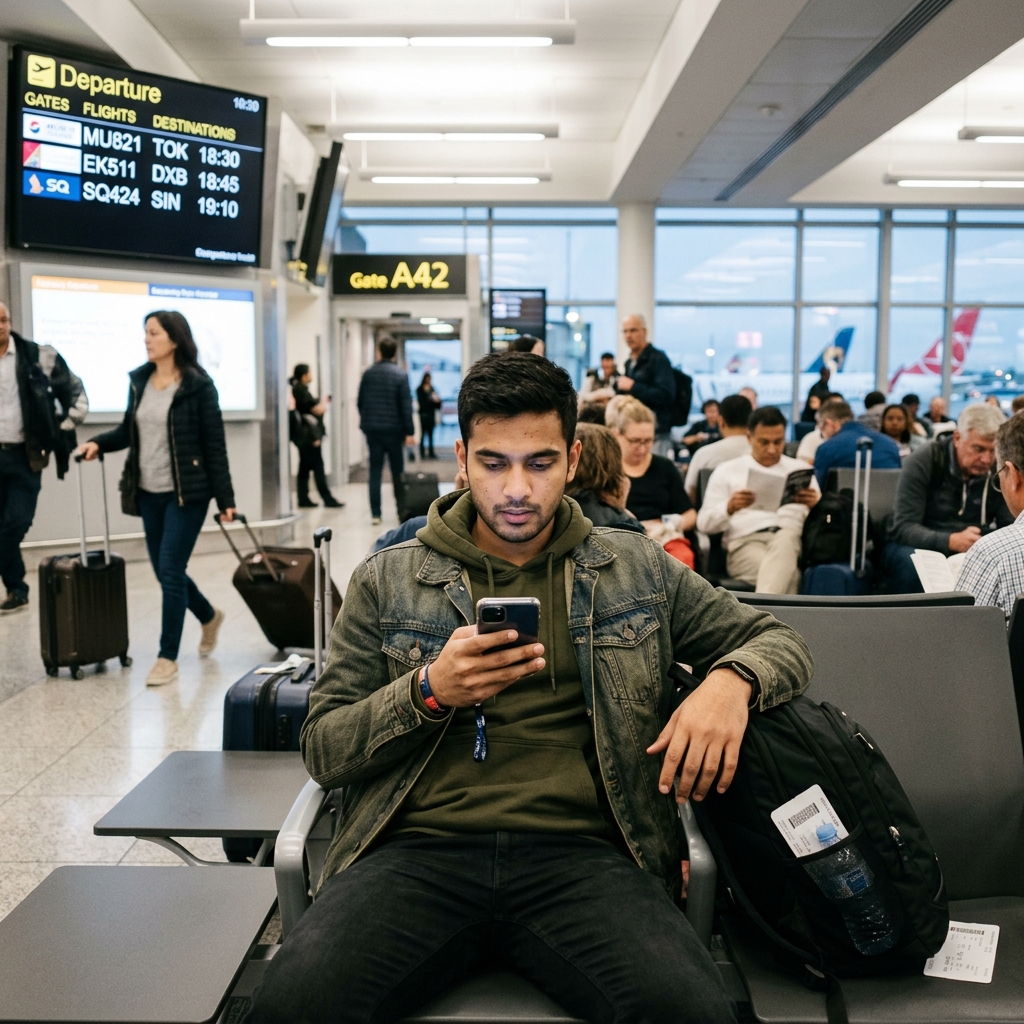 A young man sitting in an airport departure area looking intently at his phone screen, other passengers around him, overhead departure boards visible