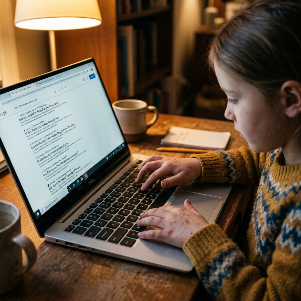 Child typing on a laptop showing search results