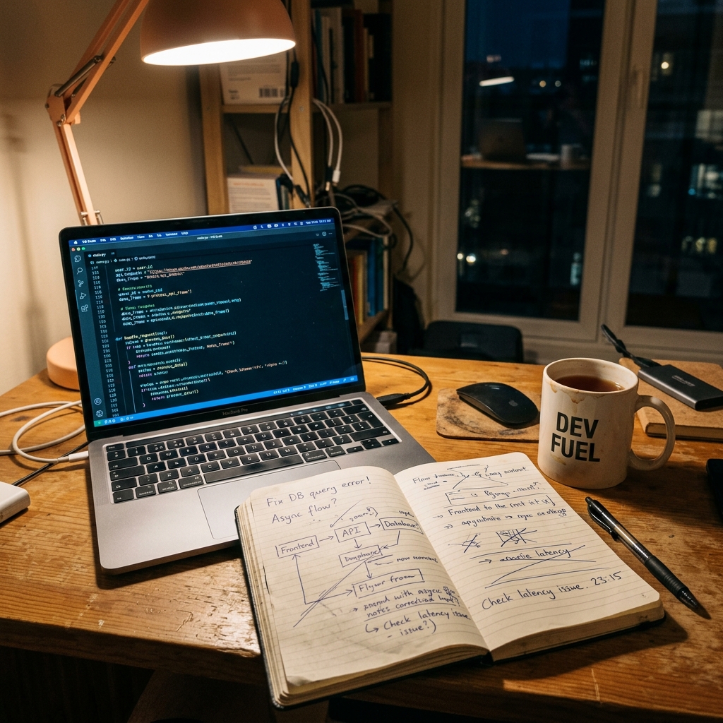 A laptop showing code next to an open notebook