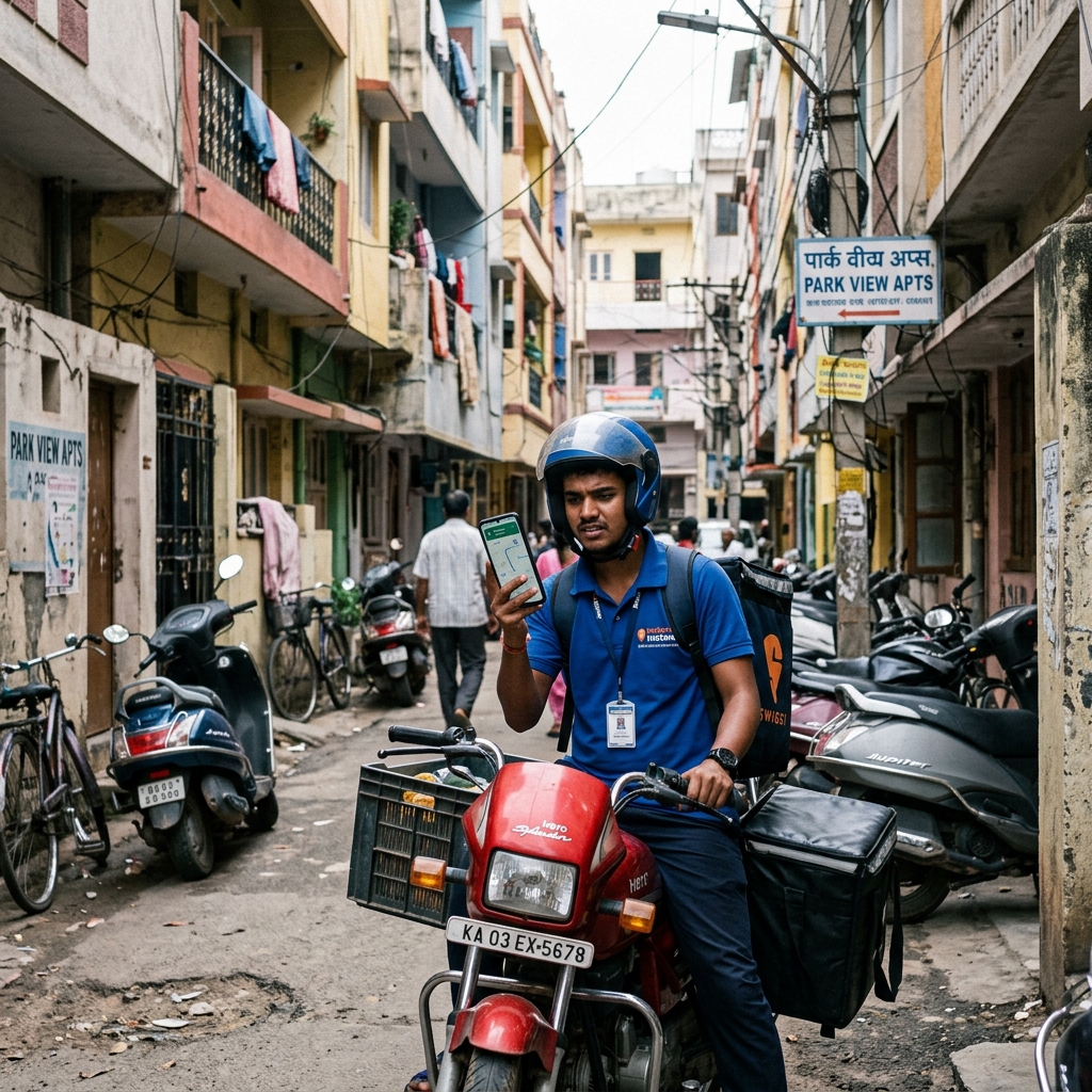 A delivery person on a motorbike stopped in a narrow Indian street, looking at a mobile phone mounted on the handlebar showing a map, buildings close on either side