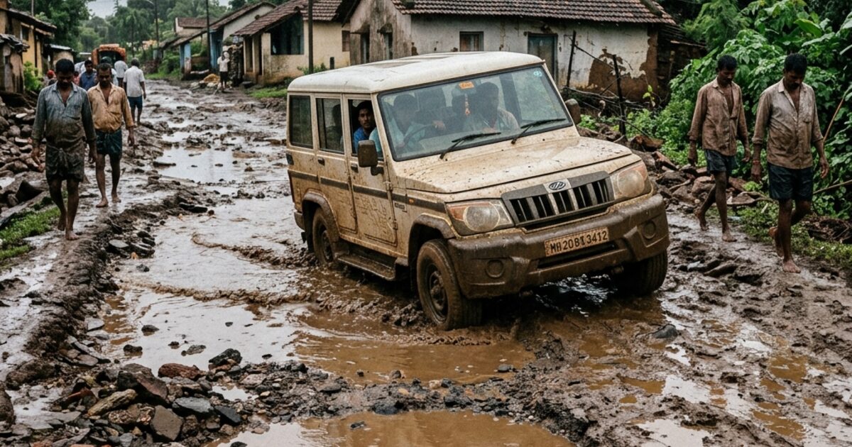 A Mahindra Bolero barely crawling through a completely destroyed Indian road... more craters and mud than surface... people wading alongside at the same pace... the road that ceased to exist, moving at 5 km/h