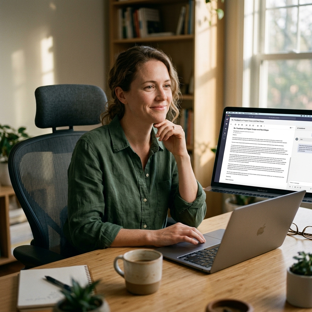 A person at a laptop, email client visible with a long well-formatted response on screen, expression of quiet satisfaction at having sent something thorough, an AI chat window barely visible on the side