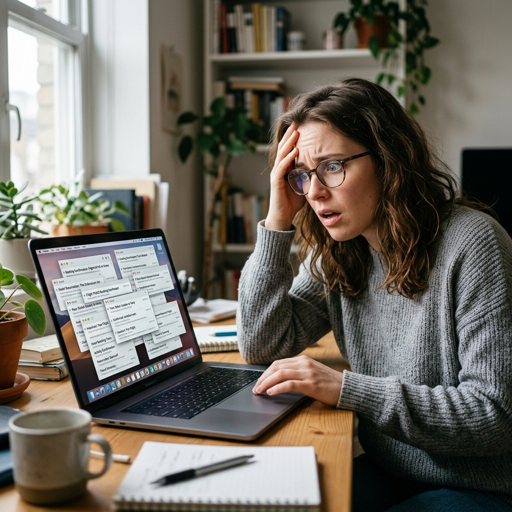 A person looking at a laptop screen showing multiple booking emails