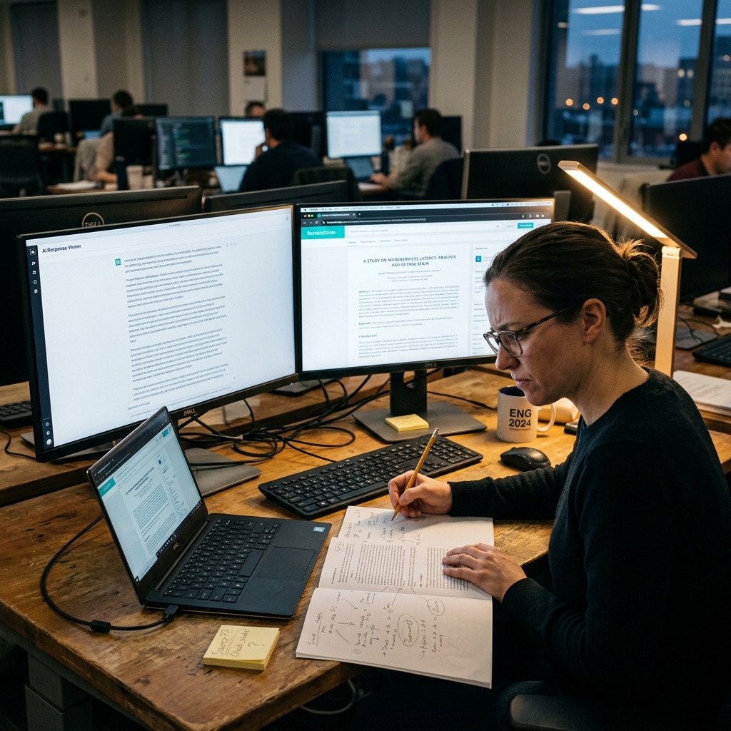 An engineer at two monitors, AI output on the left screen, a research paper open for cross-checking on the right, pencil annotating a printed page, sticky notes with question marks visible