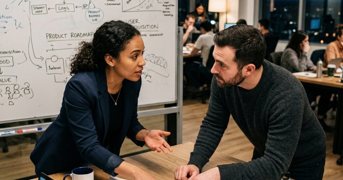 Two founders leaning over a strategy document together... both pointing at it, fully engaged in a debate... the whiteboard behind them shows Revenue Projections and Growth Stages... the body language of people who trust each other and see things differently