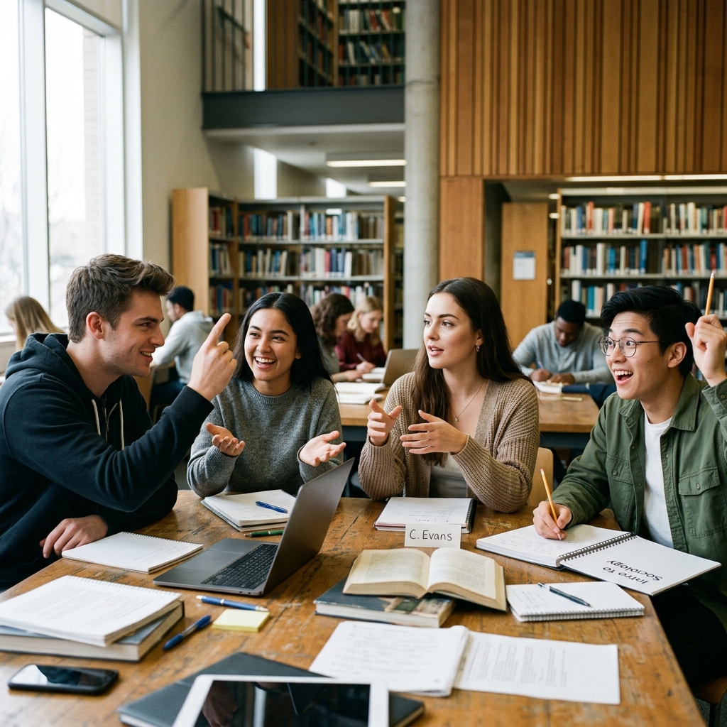 Four university students in a library with distinctly different personalities... one pointing confidently, one nodding eagerly, one speaking with polished gestures, one with wide curious eyes and a notebook