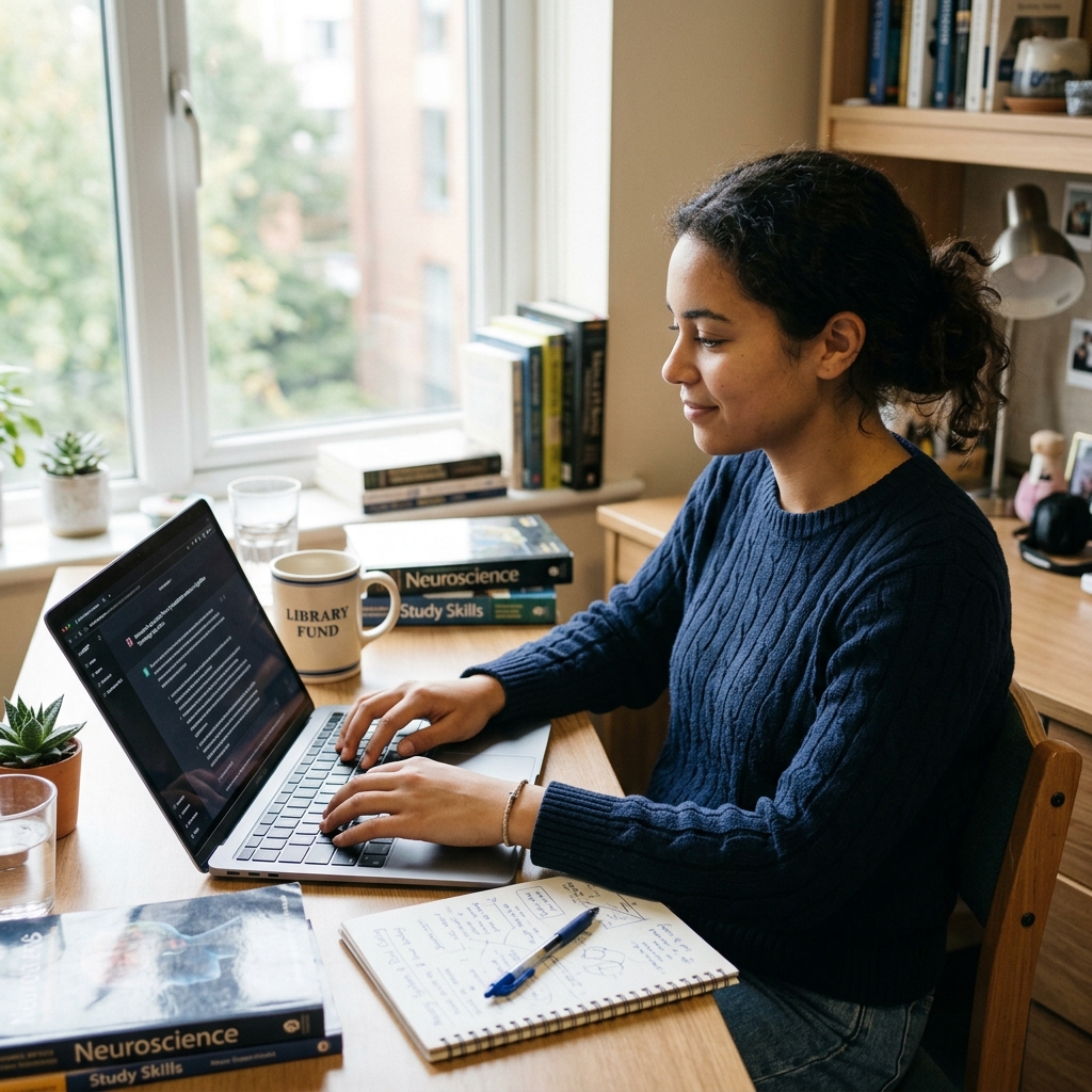 A student comfortably using an AI chat interface to summarise her own handwritten notes, relaxed and productive at a bright desk by a window