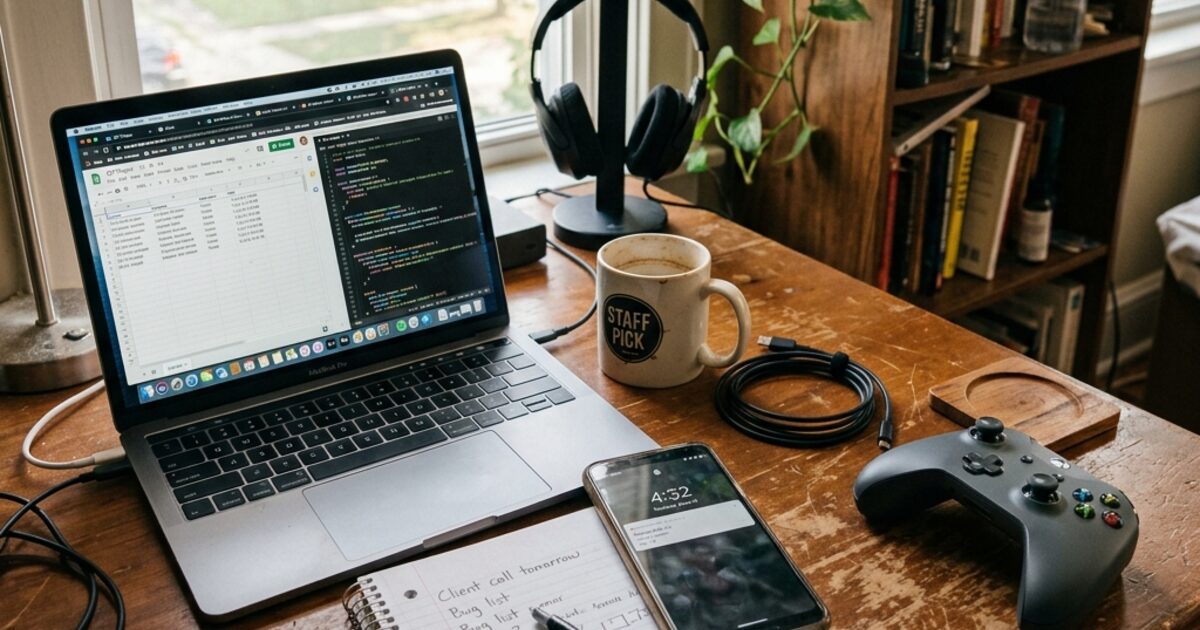 A home desk with a laptop showing code, an open notebook with 'Client call tomorrow' and 'Bug list' written in it, a phone showing a missed call at 4:32, and an Xbox controller sitting right next to the work items... work and play in the same frame, nothing hidden