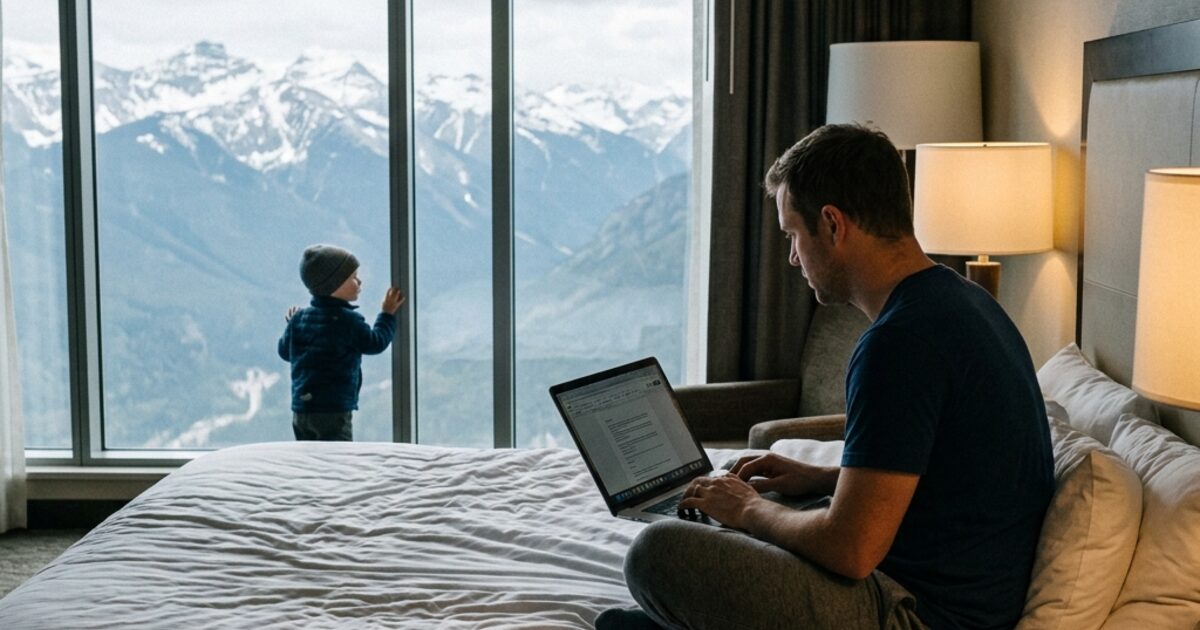 A man sitting on a hotel bed typing on a laptop while his young child stands alone at the floor-to-ceiling window looking at the mountain view outside... physically in the same room, completely absent from each other