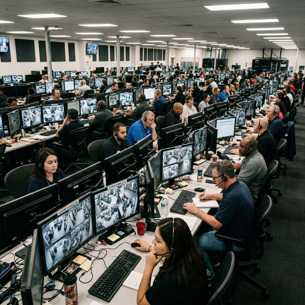 A large office floor with workers looking at retail store camera feeds on dual monitors