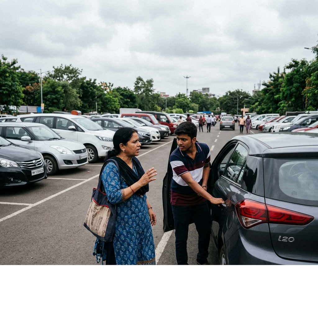 A woman gesturing urgently to a young man near a parked car in an outdoor car park, the young man reaching toward the car door, rows of cars visible behind them