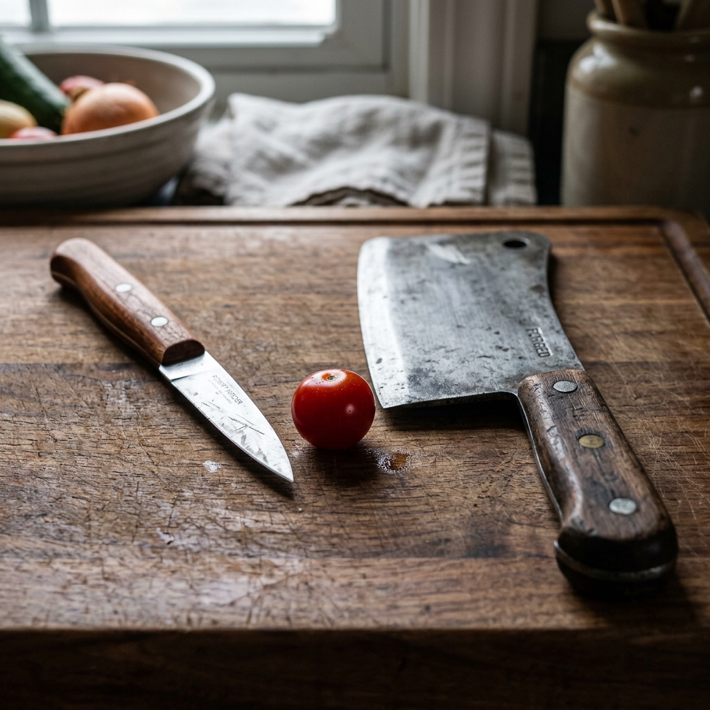 A small paring knife and a large cleaver on a cutting board next to a cherry tomato