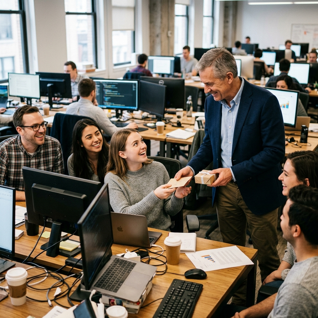 A senior manager handing a document to a junior employee at their desk