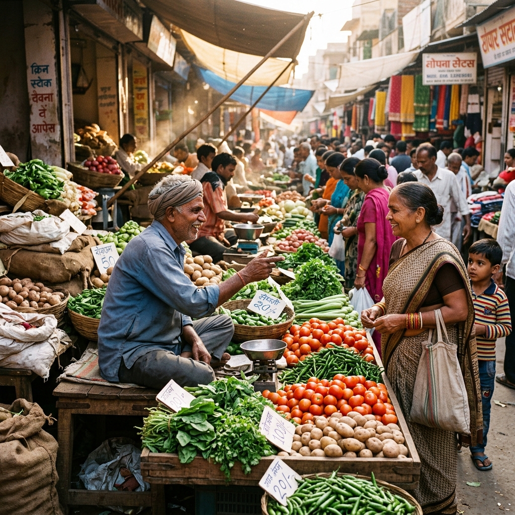 A vegetable vendor and a customer at a local market