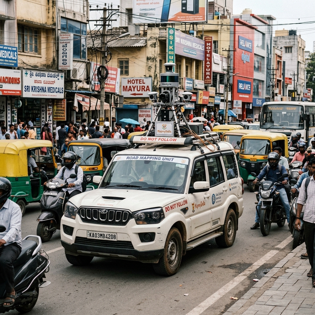 A white Mahindra Scorpio with Road Mapping Unit markings and a 360-degree camera rig on the roof navigating a busy Bengaluru street with autos, bikes and pedestrians around it