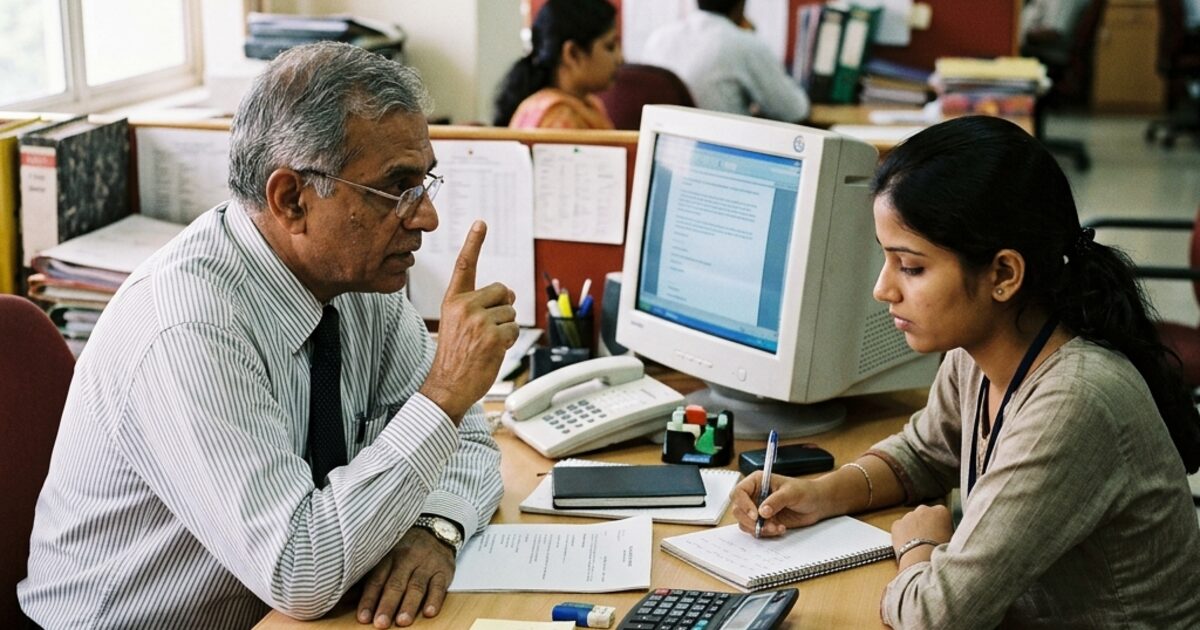 A senior Indian manager with index finger raised making a serious point across a desk to a young employee who is writing in a notepad... a CRT monitor between them, a busy office in the background... the moment of the hard question