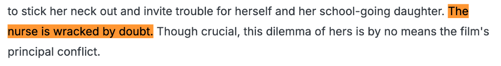 A screenshot of a film review showing the sentence 'The nurse is wracked by doubt' highlighted in orange, surrounded by dense formal English prose