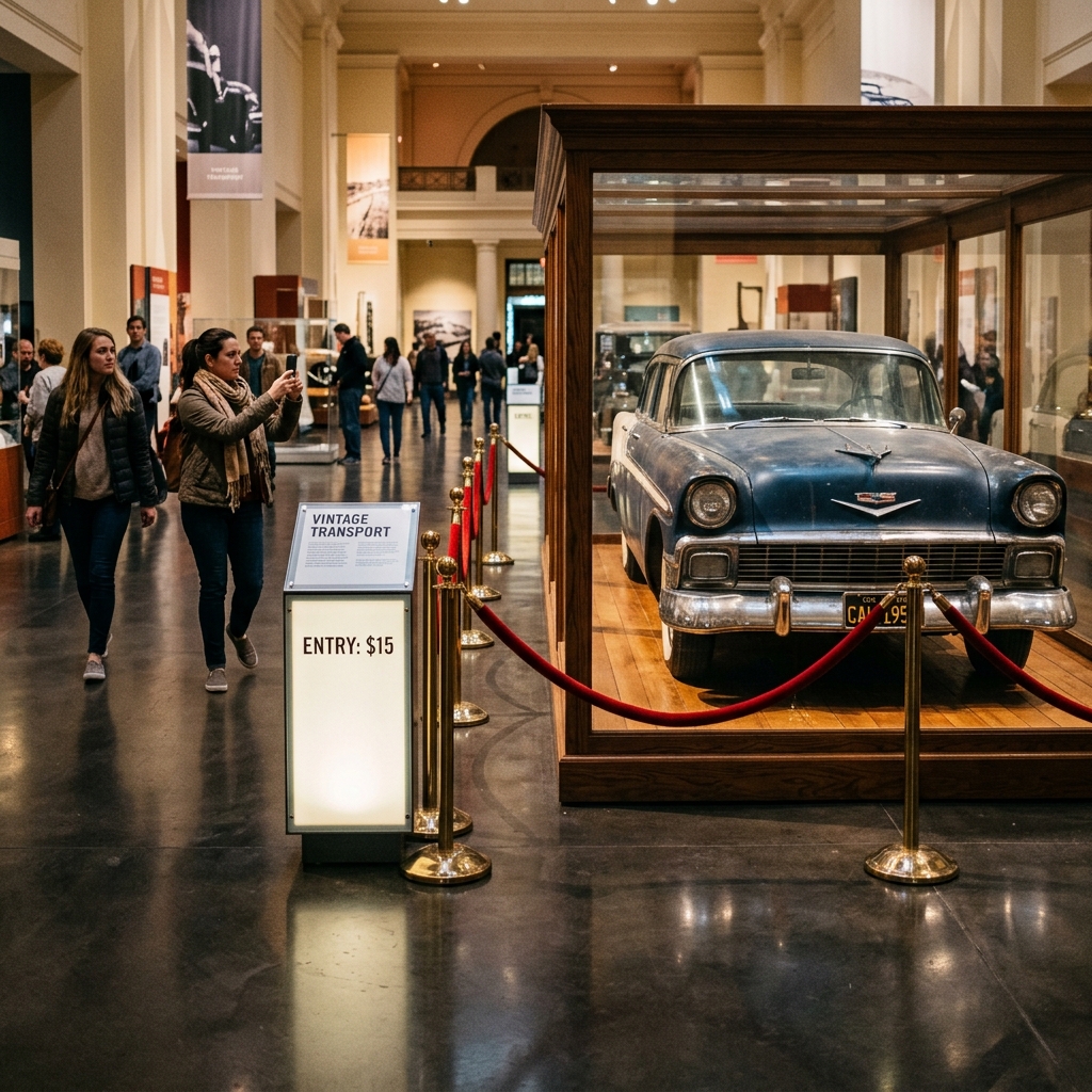 A vintage car displayed in a museum with visitors taking photos