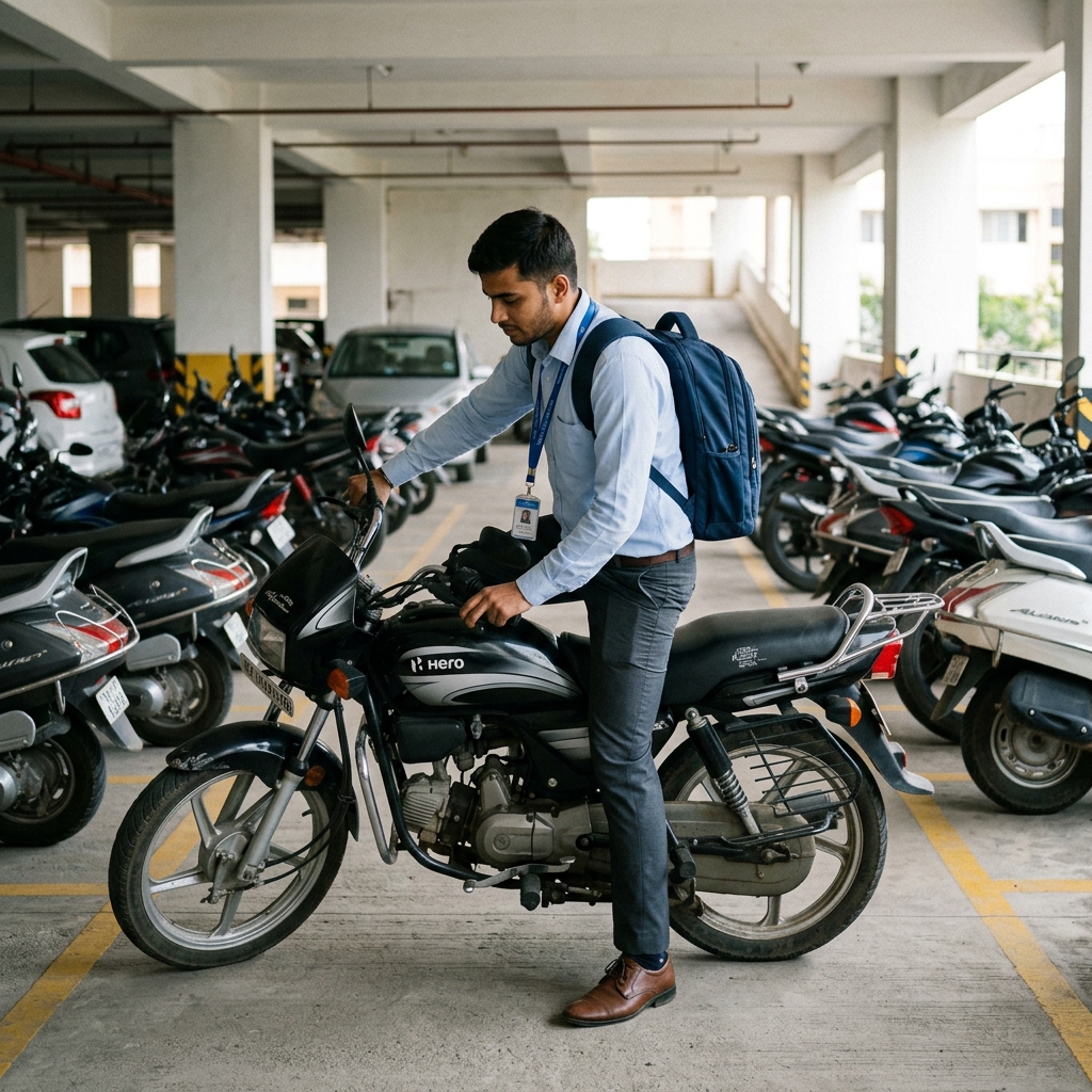 A man getting on a motorcycle in an office parking lot without a helmet