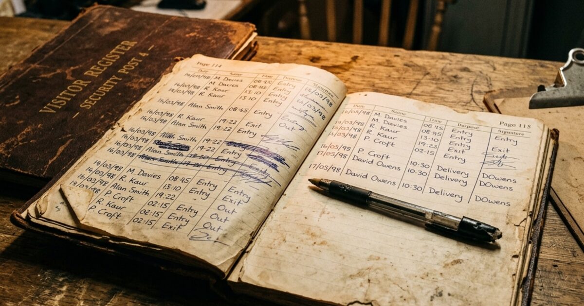 An old, worn visitor register book open on a guard post table... pages filled with barely legible handwritten entries from 1998, a chipped pen resting across the page, a bare bulb hanging above