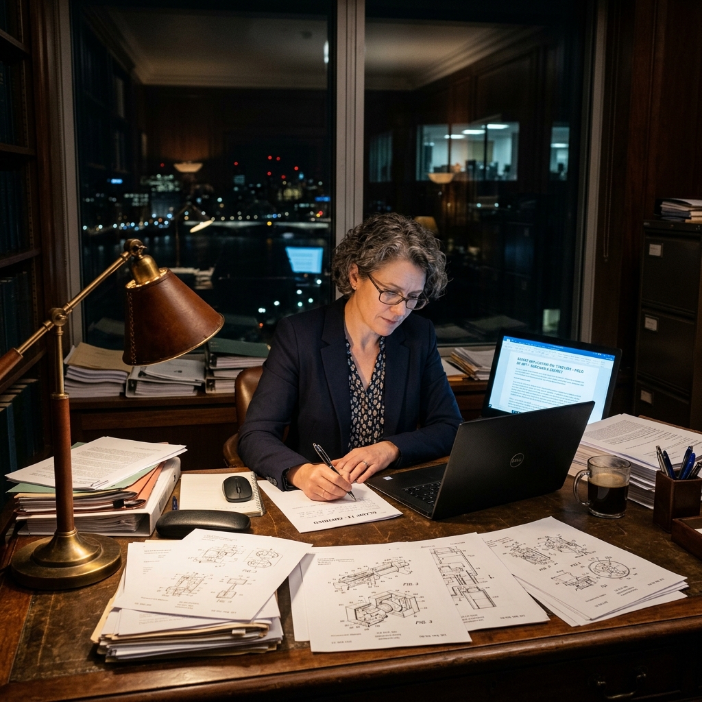 A woman at a desk late at night, papers spread around a laptop, a cold cup of coffee to one side