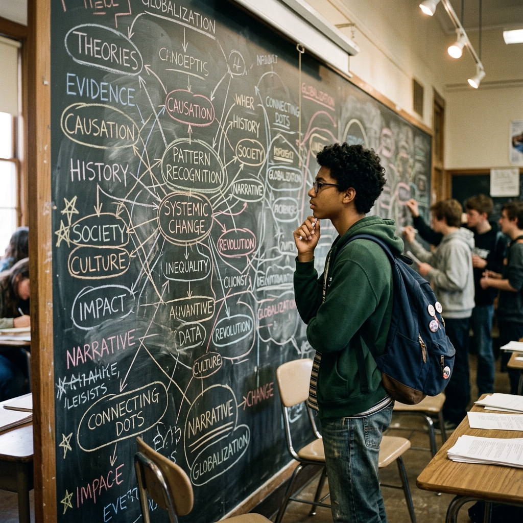 A teenage student at a large chalkboard covered in interconnected words and arrows, Pattern Recognition at the centre, standing back to see all the connections