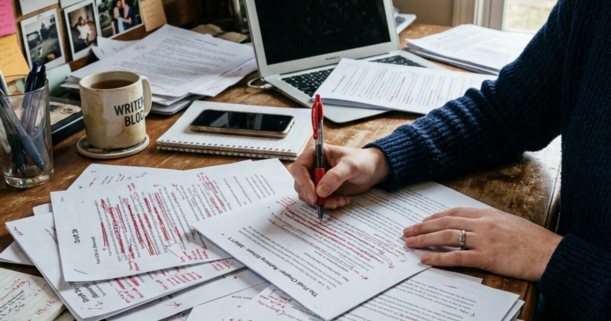 A cluttered desk with multiple printed drafts covered in red pen corrections... 'Draft 2 (Revised)' and 'Final Draft (maybe?)' visible on the pages... a wall clock in the background, hours spent on the same document
