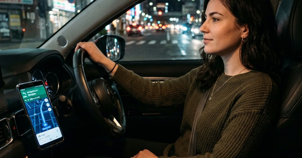 A woman driving at night, navigation map on the dashboard mount, eyes on the road... completely relaxed, trusting the route... the calm of someone who has surrendered to a product they believe in