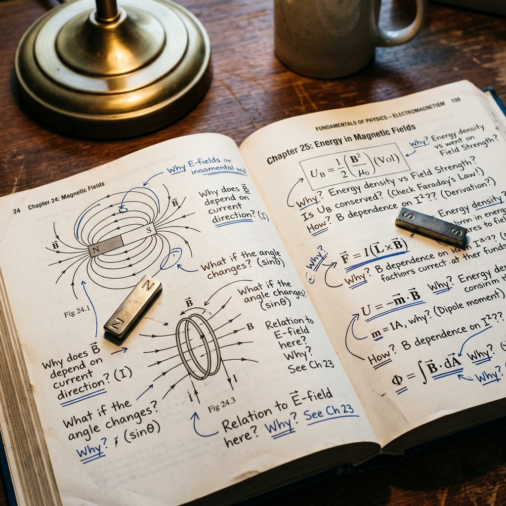 An open physics textbook with handwritten notes and two bar magnets