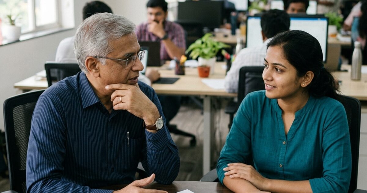 A senior Indian manager with his chin resting on his hand, listening calmly to a young female employee who is speaking openly... a notebook on the table between them, a busy office in the background... the body language of a conversation that will leave someone energised not deflated