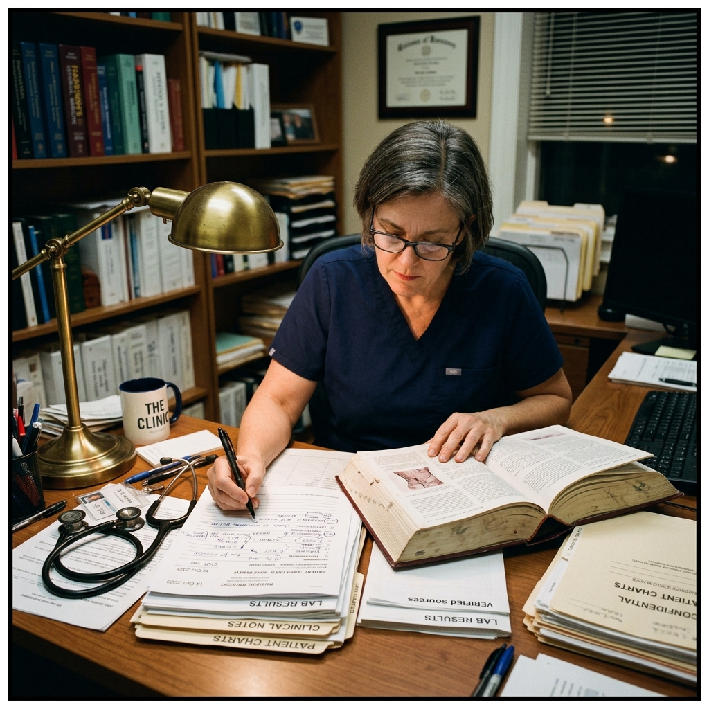 A doctor carefully reviewing printed medical documents and a physical reference book at her desk, stethoscope nearby, not relying on an AI screen... deliberately choosing verified sources