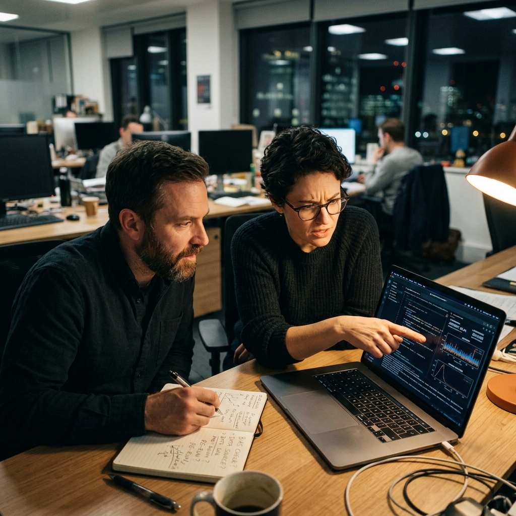 Two colleagues reviewing AI output on a laptop together, one pointing at the screen with a sceptical expression, the other taking notes in a notepad, evening office light