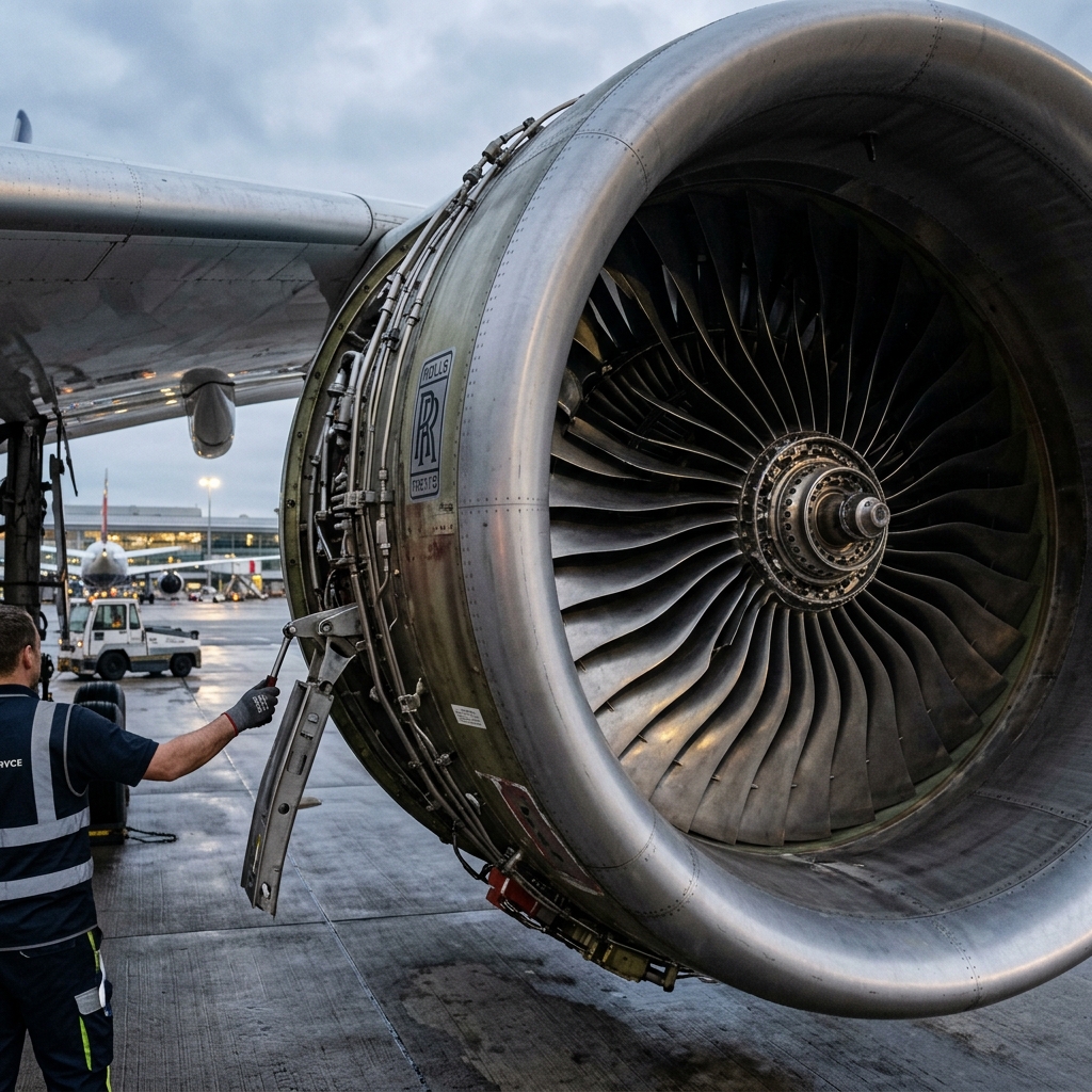 A Rolls-Royce Trent turbine engine photographed up close on an airport tarmac, a ground crew member visible for scale, industrial engineering of extraordinary precision