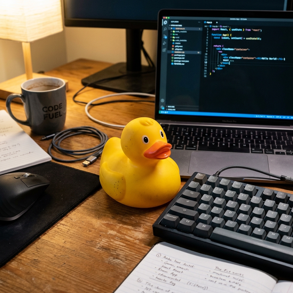 A bright yellow rubber duck sitting on a developer's desk beside a keyboard, the laptop screen showing code behind it... the classic symbol of rubber duck debugging