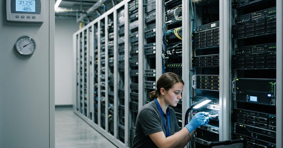 A technician in blue gloves doing precision maintenance on server racks... temperature sensor showing 21.2°C and 48% humidity on the wall... rows of perfectly organised glowing servers... machines receiving the care that should also go to humans