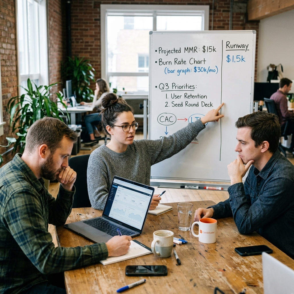 A small startup team gathered around a whiteboard... burn rate chart, runway calculations, Q3 priorities written in marker. Focused, calm, methodical. Not panic. Adaptation.