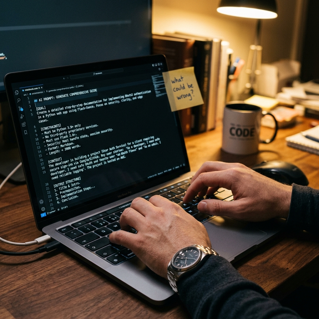 Hands typing a detailed, structured AI prompt on a laptop with sections for goal, constraints and context visible on screen, sticky note reading 'what could be wrong?' beside the monitor