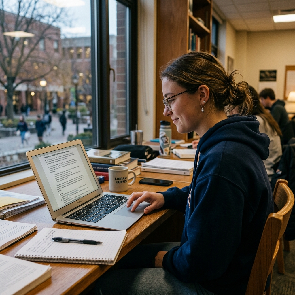 A student at a library desk reading well-formatted AI text on a laptop, smiling and satisfied, about to use the output without verifying it