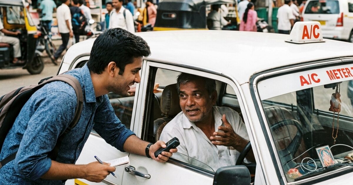 A young man with a notepad leaning into the window of a white taxi, the driver gesturing animatedly while explaining something... Shree Ganesh General Stores and Mobile Care shop signs behind them... the moment of firsthand market research