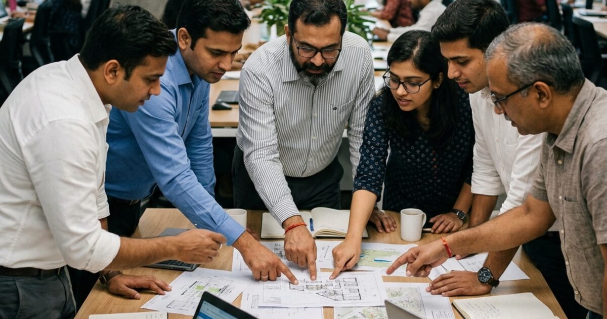 A group of Indian professionals leaning over a table together... everyone pointing at the same documents, no hierarchy visible in their body language... the feeling of a team working with each other rather than for each other