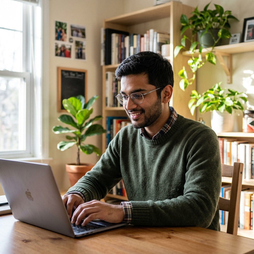 A young man working on his laptop at home with plants in the background
