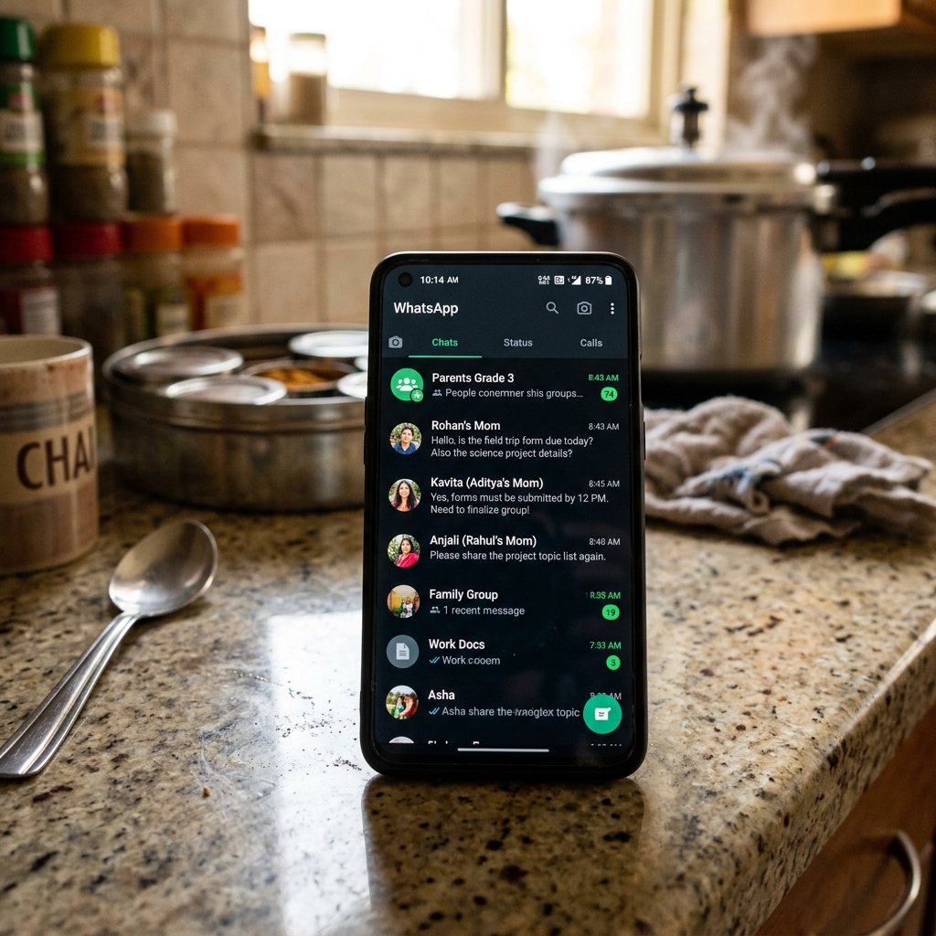 A smartphone on a kitchen counter showing a WhatsApp chat list with many unread messages