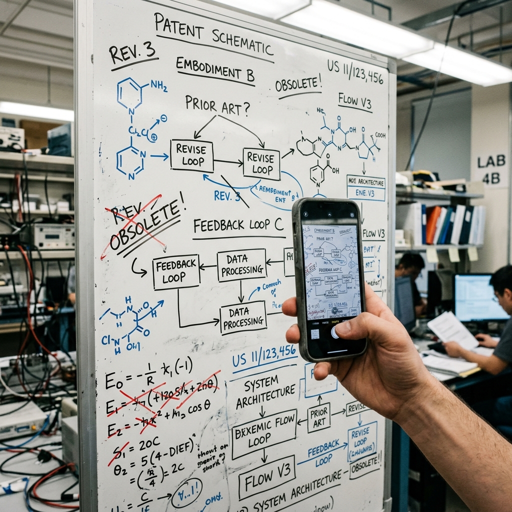 A hand holding a smartphone, photographing a technical whiteboard covered in patent diagrams, crossed-out equations and inventor shorthand in a lab