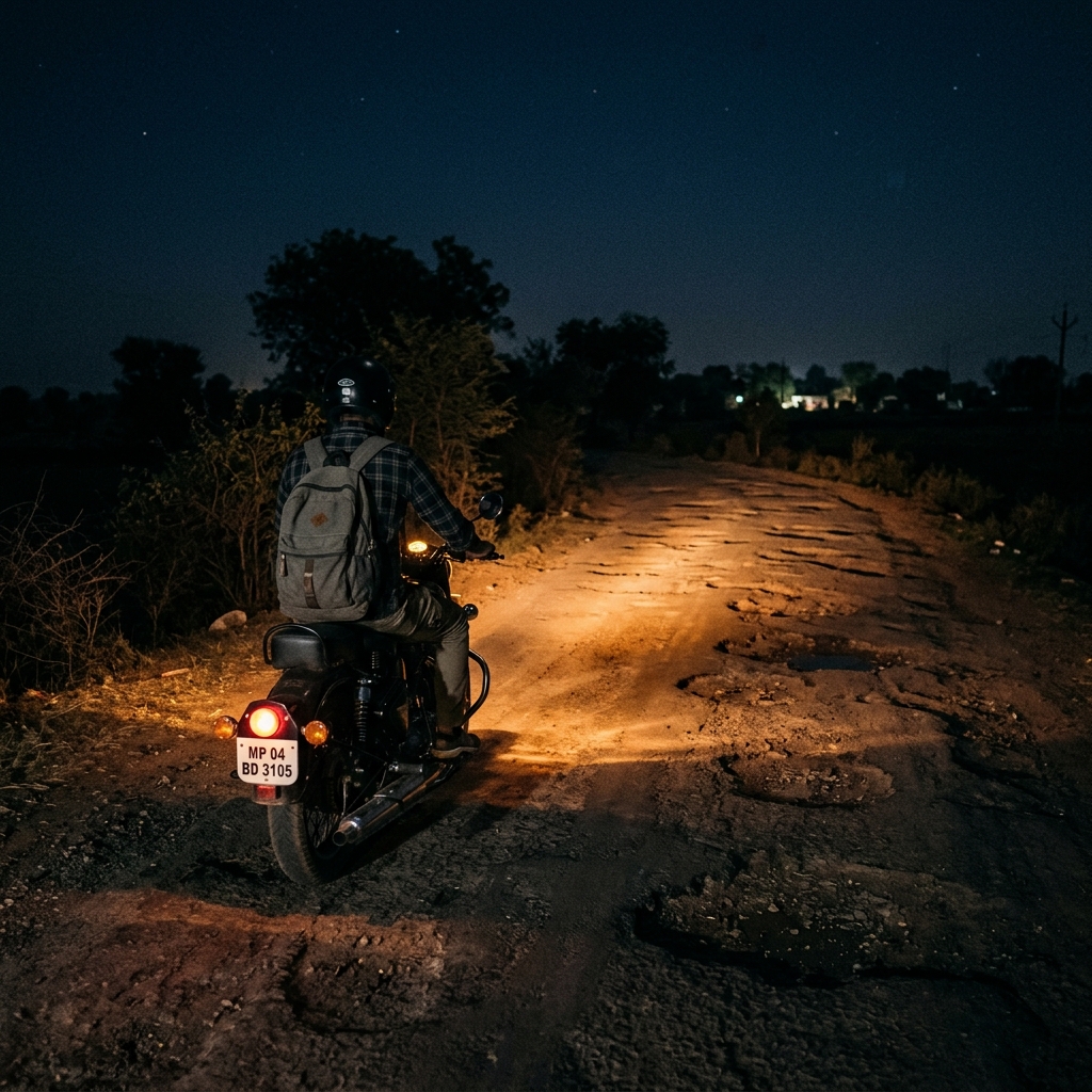 A motorcycle rider on a dark rural road at night, headlight illuminating the potholes ahead